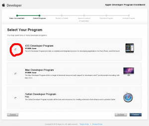 「iOS Developer Program ¥10800 /year」を選択して「Continue」をクリック。